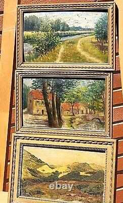 3 Tableaux Anciens. Thème Paysages Peinture huile sur panneau de bois ancien