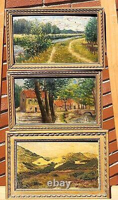 3 Tableaux Anciens. Thème Paysages Peinture huile sur panneau de bois ancien