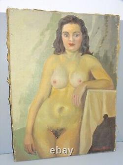 -ANCIENNE HST TABLEAU NU PEINTURE FEMME NUE signée H Navellou