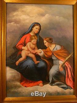 Ancien Grand Tableau Peinture Huile Religieux Vierge A L'enfant Religious Paint