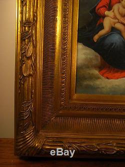 Ancien Grand Tableau Peinture Huile Religieux Vierge A L'enfant Religious Paint