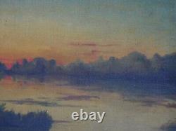 ANCIEN TABLEAU HST 1909 PAYSAGE LACUSTRE SIGNé 54CMX65CM BQ13