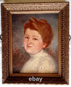 ANCIEN Tableau HUILE sur toile portrait de FEMME rousse. 1909