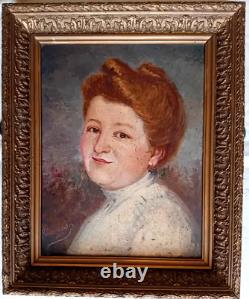 ANCIEN Tableau HUILE sur toile portrait de FEMME rousse. 1909