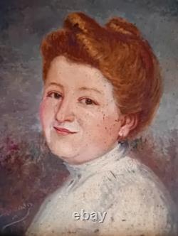 ANCIEN Tableau HUILE sur toile portrait de FEMME rousse. 1909