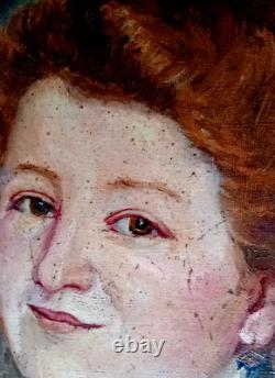ANCIEN Tableau HUILE sur toile portrait de FEMME rousse. 1909