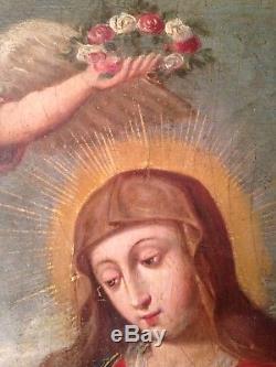 ANCIEN tableau XVIIe XVIIIe Carlo DOLCI Portrait Vierge couronnée Ange Raphael