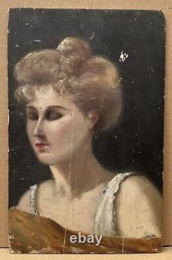À Restaurer Petit Tableau Ancien Huile Portrait Femme Sensuelle Yeux Clos 1900