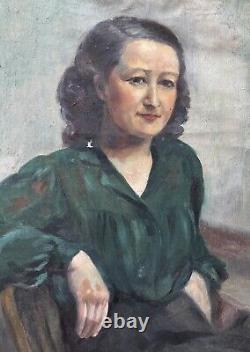À Restaurer Tableau Ancien Huile Mireille Brun Portrait Femme Chemise Verte 1940