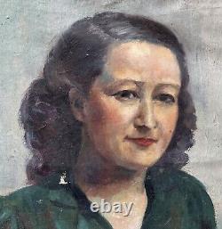 À Restaurer Tableau Ancien Huile Mireille Brun Portrait Femme Chemise Verte 1940