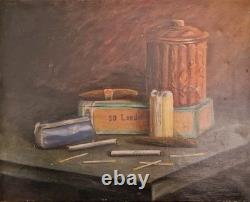 Ancien Beau Tableau Peinture Huile Nature Morte Fumeur Tabac Cigare Cigarettes