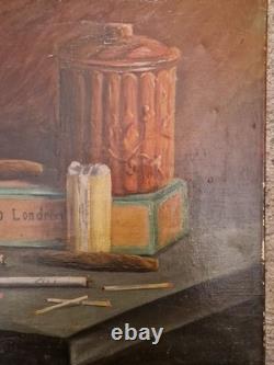 Ancien Beau Tableau Peinture Huile Nature Morte Fumeur Tabac Cigare Cigarettes
