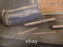 Ancien Beau Tableau Peinture Huile Nature Morte Fumeur Tabac Cigare Cigarettes