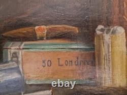 Ancien Beau Tableau Peinture Huile Nature Morte Fumeur Tabac Cigare Cigarettes
