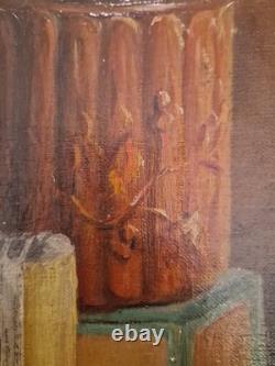 Ancien Beau Tableau Peinture Huile Nature Morte Fumeur Tabac Cigare Cigarettes