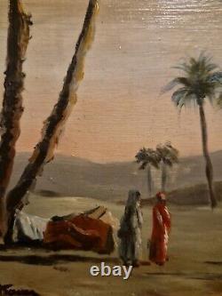 Ancien Beau Tableaux HSP Orientaliste Oasis Désert Bedouin Palmiers Signé 1940