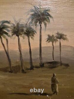 Ancien Beau Tableaux HSP Orientaliste Oasis Désert Bedouin Palmiers Signé 1940