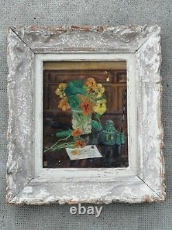 Ancien CADRE MONTPARNASSE tableau signé BOUVIER huile panneau bouquet de fleurs