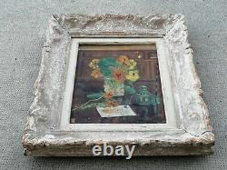 Ancien CADRE MONTPARNASSE tableau signé BOUVIER huile panneau bouquet de fleurs