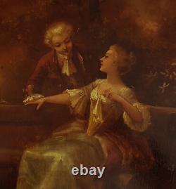 Ancien Grand Tableau Huile Sur Panneau Scene Galante Epoque Napoleon III