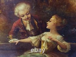 Ancien Grand Tableau Huile Sur Panneau Scene Galante Epoque Napoleon III