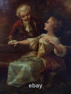 Ancien Grand Tableau Huile Sur Panneau Scene Galante Epoque Napoleon III