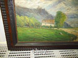 Ancien Grand Tableau Peinture A L'huile Paysage Montagne-cadre Guilloché