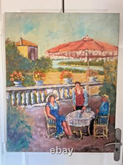 Ancien Peinture Tableau Huile Toile FARAONI Italie Provence Solei Famille 73x92
