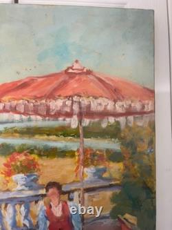 Ancien Peinture Tableau Huile Toile FARAONI Italie Provence Solei Famille 73x92