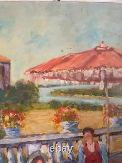 Ancien Peinture Tableau Huile Toile FARAONI Italie Provence Solei Famille 73x92