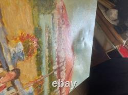Ancien Peinture Tableau Huile Toile FARAONI Italie Provence Solei Famille 73x92