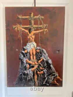 Ancien Peinture Tableau Huile Toile FARAONI Jésus Christ Crucifié 70x50cm