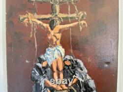 Ancien Peinture Tableau Huile Toile FARAONI Jésus Christ Crucifié 70x50cm