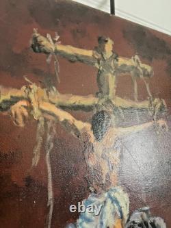 Ancien Peinture Tableau Huile Toile FARAONI Jésus Christ Crucifié 70x50cm