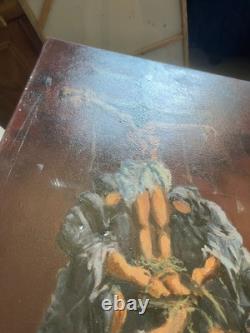 Ancien Peinture Tableau Huile Toile FARAONI Jésus Christ Crucifié 70x50cm