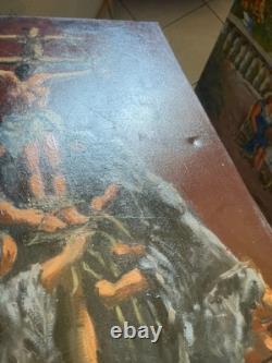 Ancien Peinture Tableau Huile Toile FARAONI Jésus Christ Crucifié 70x50cm
