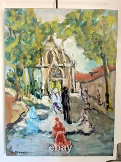Ancien Peinture Tableau Huile Toile FARAONI Mariage Eglise Marié Village 80x60cm