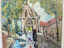 Ancien Peinture Tableau Huile Toile FARAONI Mariage Eglise Marié Village 80x60cm