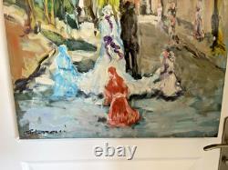Ancien Peinture Tableau Huile Toile FARAONI Mariage Eglise Marié Village 80x60cm