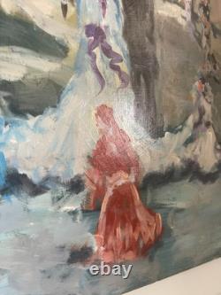 Ancien Peinture Tableau Huile Toile FARAONI Mariage Eglise Marié Village 80x60cm