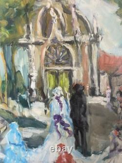 Ancien Peinture Tableau Huile Toile FARAONI Mariage Eglise Marié Village 80x60cm