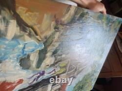 Ancien Peinture Tableau Huile Toile FARAONI Mariage Eglise Marié Village 80x60cm