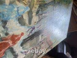 Ancien Peinture Tableau Huile Toile FARAONI Mariage Eglise Marié Village 80x60cm