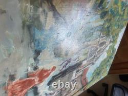 Ancien Peinture Tableau Huile Toile FARAONI Mariage Eglise Marié Village 80x60cm