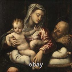 Ancien Sainte Famille Vierge enfant tableau huile sur toile peinture 500
