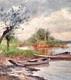 Ancien TABLEAU Huile/Toile A RESTAURER Bords de Saône TH. LESPINASSE vers 1880