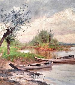 Ancien TABLEAU Huile/Toile A RESTAURER Bords de Saône TH. LESPINASSE vers 1880