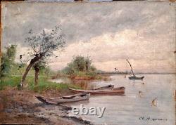 Ancien TABLEAU Huile/Toile A RESTAURER Bords de Saône TH. LESPINASSE vers 1880