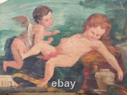 Ancien Tableau À L'Huile Sur Toile Scène Avec Putti Et Angioletto 108X66,5 Cm
