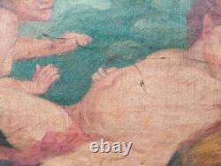 Ancien Tableau À L'Huile Sur Toile Scène Avec Putti Et Angioletto 108X66,5 Cm